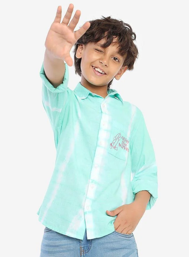 Bonkids Regular Long Sleeve Printed Green And White Cotton Shirt For Boys 100 % Cotton