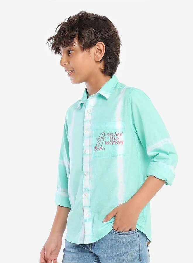 Bonkids Regular Long Sleeve Printed Green And White Cotton Shirt For Boys 100 % Cotton