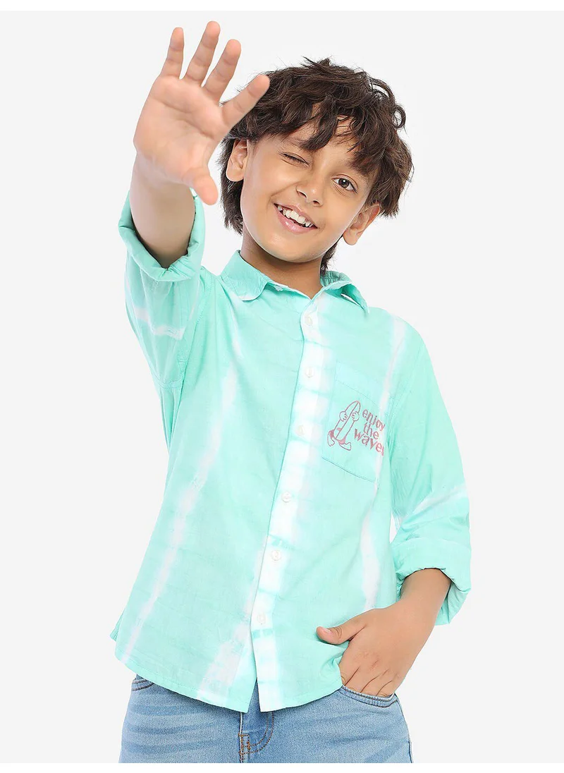 بونكيدز Regular Long Sleeve Printed Green And White Cotton Shirt For Boys 100 % Cotton