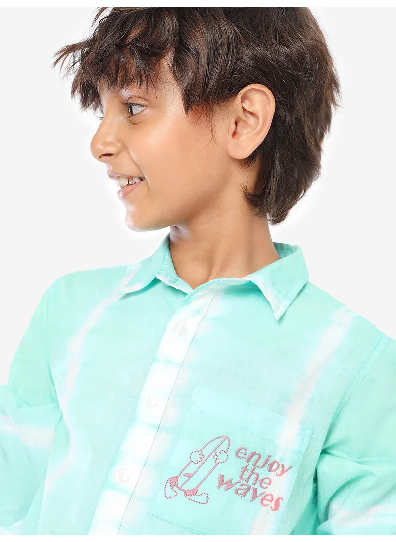 بونكيدز Regular Long Sleeve Printed Green And White Cotton Shirt For Boys 100 % Cotton