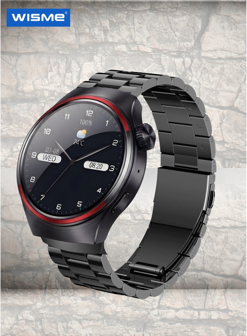 Wisme Smart Watch WS-X2 for Men & Women – Bluetooth Calling, Round Dial Sleek Design, 3 Interchangeable Straps (Metal, Leather & Silicone), 20 Sports Modes, Fitness Tracker, Heart Rate Monitor, Waterproof, Long Battery Life, Black Smartwatch for Daily Wear & Sports - Image 1