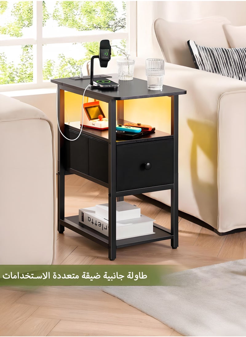 Yanara Narrow Side Table with LED Lights & Charging Station, 3-Tier End Table with Adjustable Fabric Drawer, Small Nightstand with Outlets for Bedroom & Living Room, Ideal for Small Spaces.  - Image 4