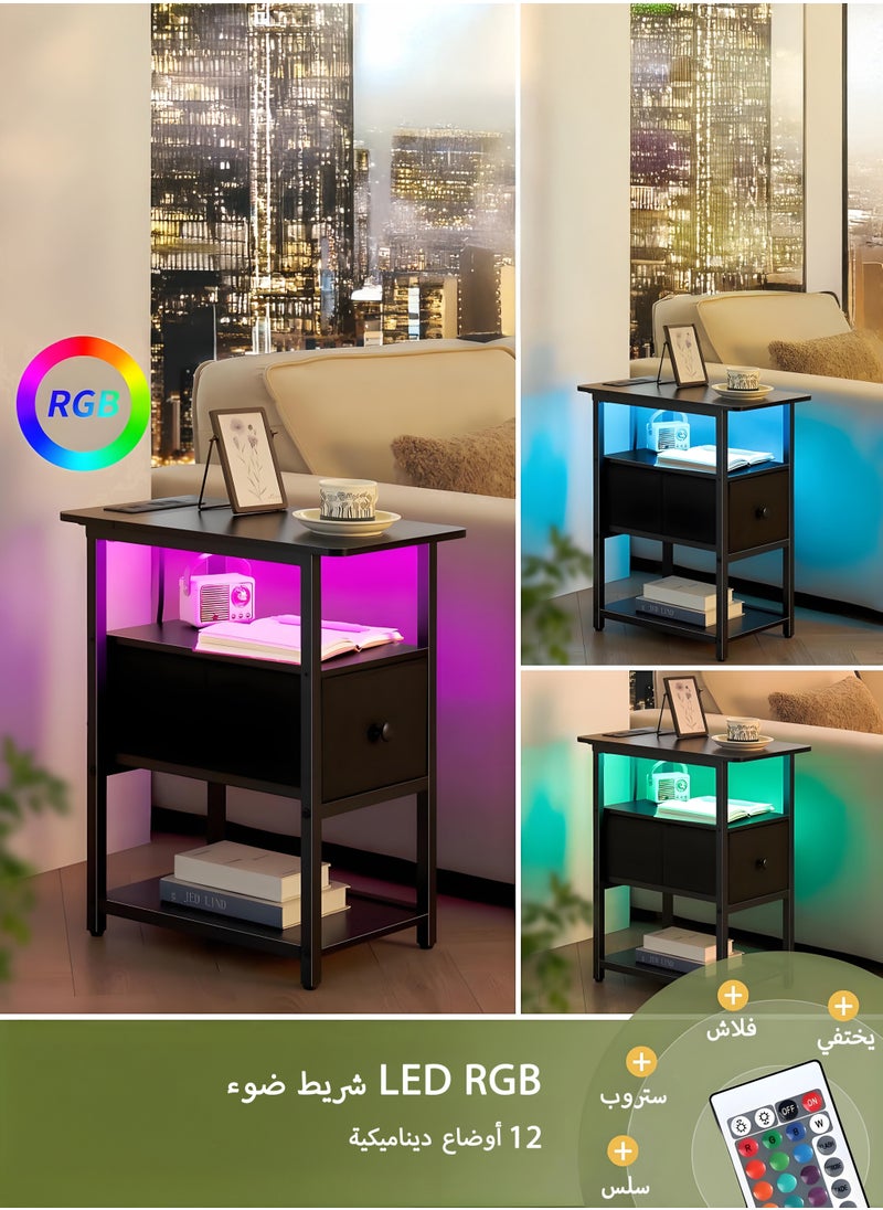Yanara Narrow Side Table with LED Lights & Charging Station, 3-Tier End Table with Adjustable Fabric Drawer, Small Nightstand with Outlets for Bedroom & Living Room, Ideal for Small Spaces.  - Image 5