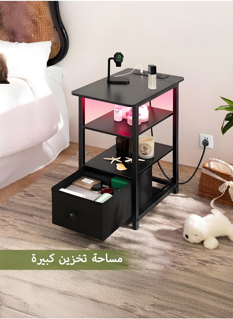 Yanara - Narrow Side Table with LED Lights & Charging Station, 3-Tier End Table with Adjustable Fabric Drawer, Small Nightstand with Outlets for Bedroom & Living Room, Ideal for Small Spaces. - Image 1