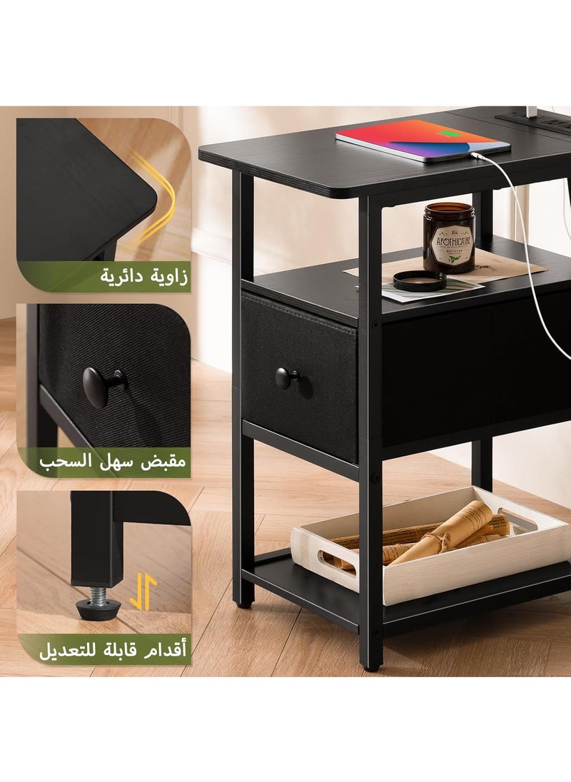 Yanara - Narrow Side Table with LED Lights & Charging Station, 3-Tier End Table with Adjustable Fabric Drawer, Small Nightstand with Outlets for Bedroom & Living Room, Ideal for Small Spaces. - Image 1