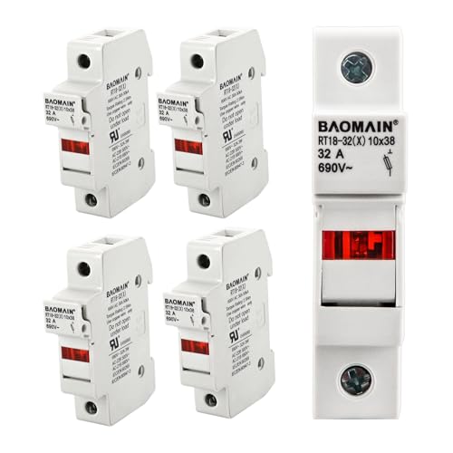 BAOMAIN 5Pack RT1832X 1P DIN Rail Fuse Holder 32A 690V AC Cylindrical Fuse Base for 10x38mm Fuses with LED Indicator Light UL CE Certified Single Pole - Image 1