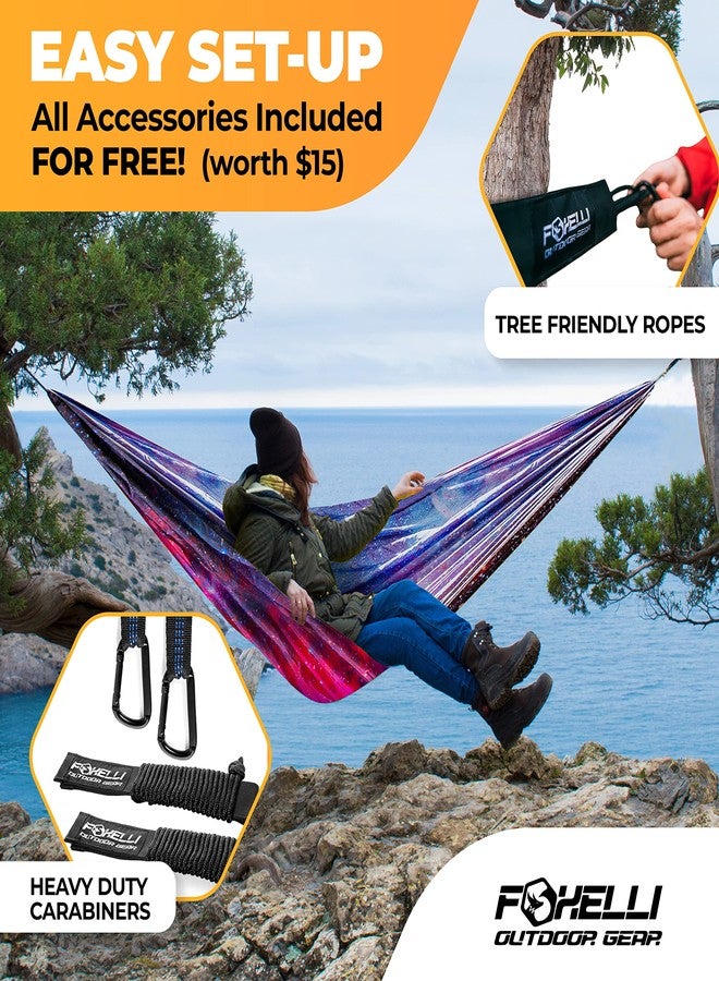 Foxelli Camping Hammock - Lightweight Portable Hammock, Easy Setup with Tree-Friendly Ropes & Steel Carabiners, Heavy Duty Parachute Nylon for Indoors and Outdoors - Image 2