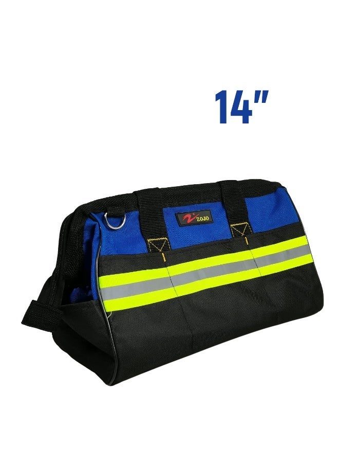 ZOJO 14 Inch Tool Bag with 16 Pockets, Heavy Duty Tool Storage Bag, Wide Mouth Electrician Tool Organizer, Reinforced Handle, Adjustable Shoulder Strap, Multi Pocket Tool Carry Bag for Home, Garage & Professional Use - Image 5