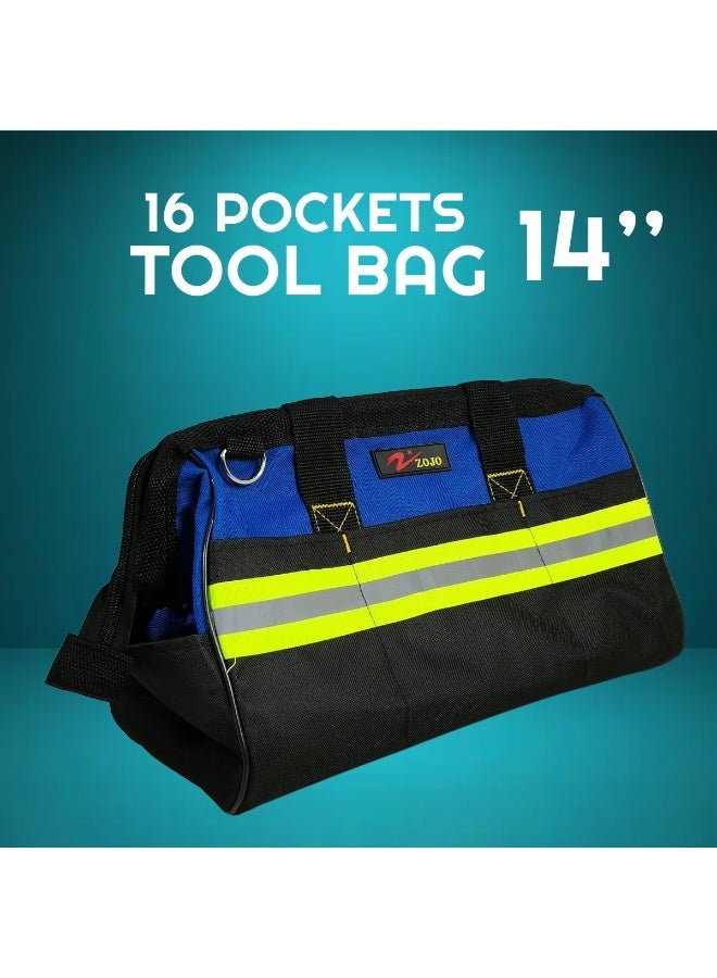 ZOJO 14 Inch Tool Bag with 16 Pockets, Heavy Duty Tool Storage Bag, Wide Mouth Electrician Tool Organizer, Reinforced Handle, Adjustable Shoulder Strap, Multi Pocket Tool Carry Bag for Home, Garage & Professional Use - Image 1