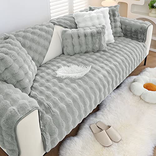 XSlive Soft Warm Faux Fur Couch Sofa Cover Thick Shaggy Fuzzy Sectional Couch Cover Non-Slip Solid Color Plush Sofa Slipcover Furniture Protector for Kids, Pets (Light Grey,43"x82") - Image 1