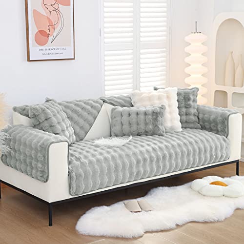 XSlive Soft Warm Faux Fur Couch Sofa Cover Thick Shaggy Fuzzy Sectional Couch Cover Non-Slip Solid Color Plush Sofa Slipcover Furniture Protector for Kids, Pets (Light Grey,43"x82") - Image 4