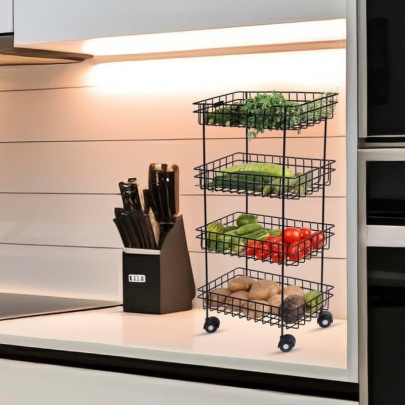 Zinbell MS Black Trolley for Fruits Veggies Modern Kitchen Storage Organizer Multipurpose Shelf with Wheels 4 Shelf - Image 2