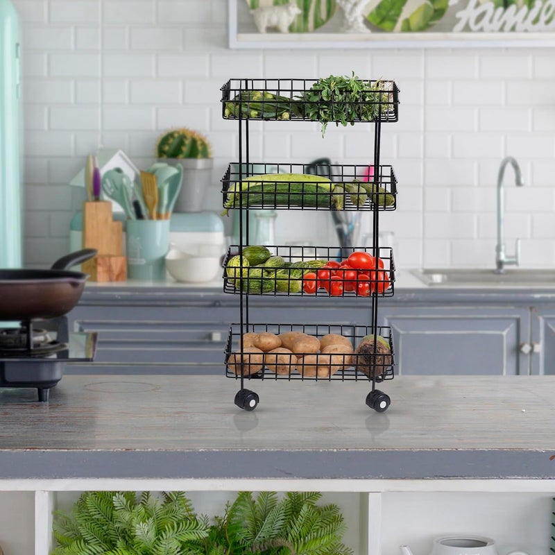Zinbell MS Black Trolley for Fruits Veggies Modern Kitchen Storage Organizer Multipurpose Shelf with Wheels 4 Shelf - Image 1