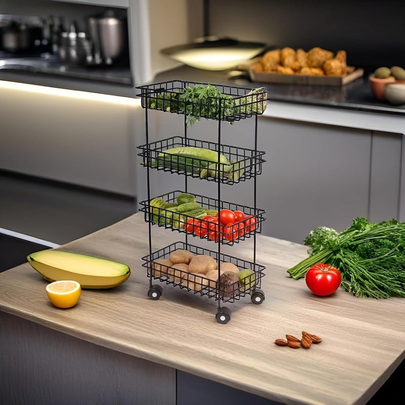 Zinbell MS Black Trolley for Fruits Veggies Modern Kitchen Storage Organizer Multipurpose Shelf with Wheels 4 Shelf - Image 3