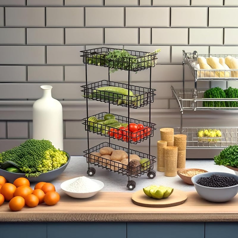 Zinbell MS Black Trolley for Fruits Veggies Modern Kitchen Storage Organizer Multipurpose Shelf with Wheels 4 Shelf - Image 4