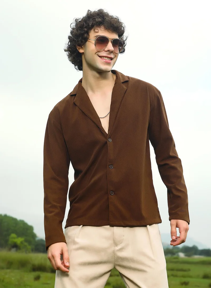 Campus Sutra Campus Sutra Men's Chocolate Brown Ribbed Oversized Shirt For Casual Wear | Cuban Collar | Long Regular Sleeves | Button Closure | Oversized Shirt Crafted With Comfort Fit For Everyday Wear