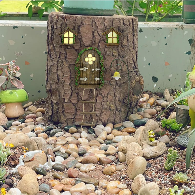 IMOFEE Fairy Door and Windows Garden Kit Accessories Outdoor, Glow in Dark Gnome House for Tree, Lawn Yard Art Sculpture, Miniature Garden Decor (Ladder) - Image 3