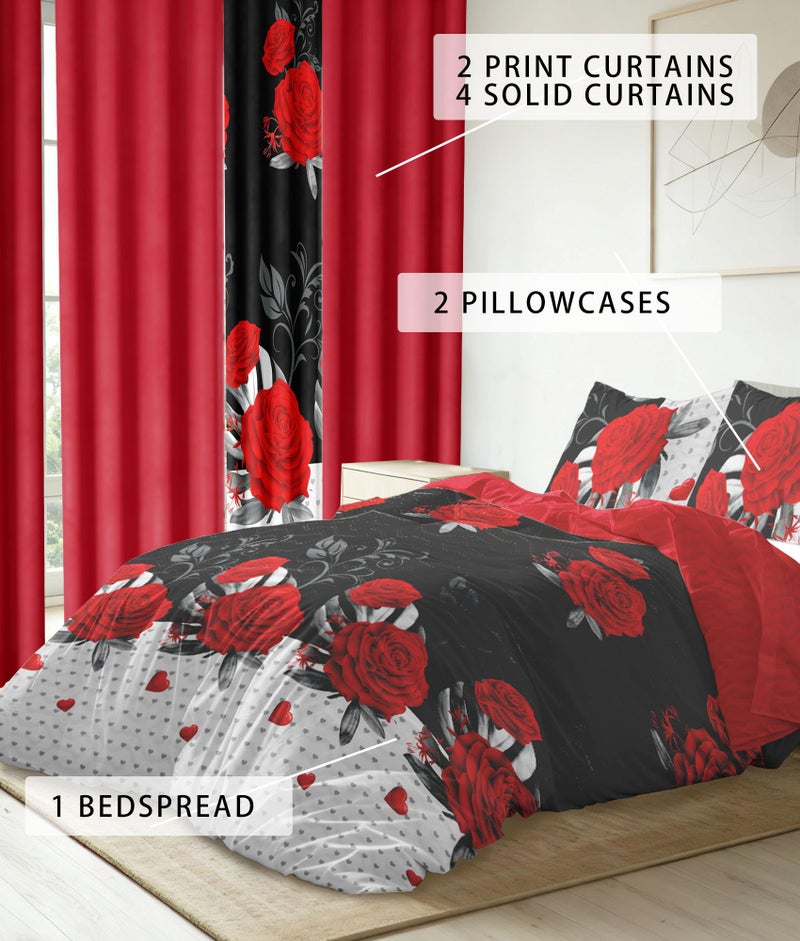 Reylox 9 pcs Queen Bed in a Bag with Curtains | Boho Red Rose Bedspread, Pillowcases, Print & Solid Curtains | Microfiber, Silky Soft | Comforter Sets with Matching Curtains | Bedroom & RV Decor - Image 3
