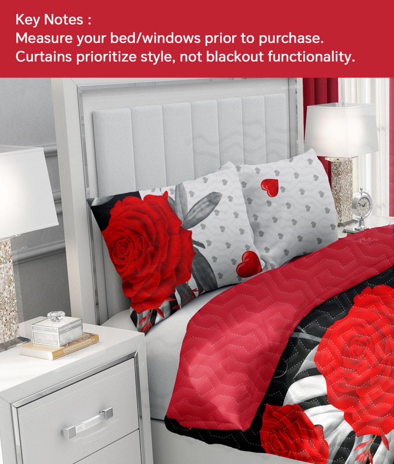 Reylox 9 pcs Queen Bed in a Bag with Curtains | Boho Red Rose Bedspread, Pillowcases, Print & Solid Curtains | Microfiber, Silky Soft | Comforter Sets with Matching Curtains | Bedroom & RV Decor - Image 2