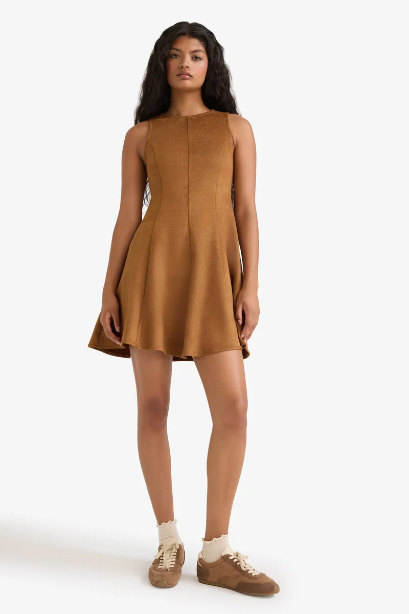 Defacto  A Line Crew Neck Sleeveless Suede Mini Dress for Women | Best Price UAE