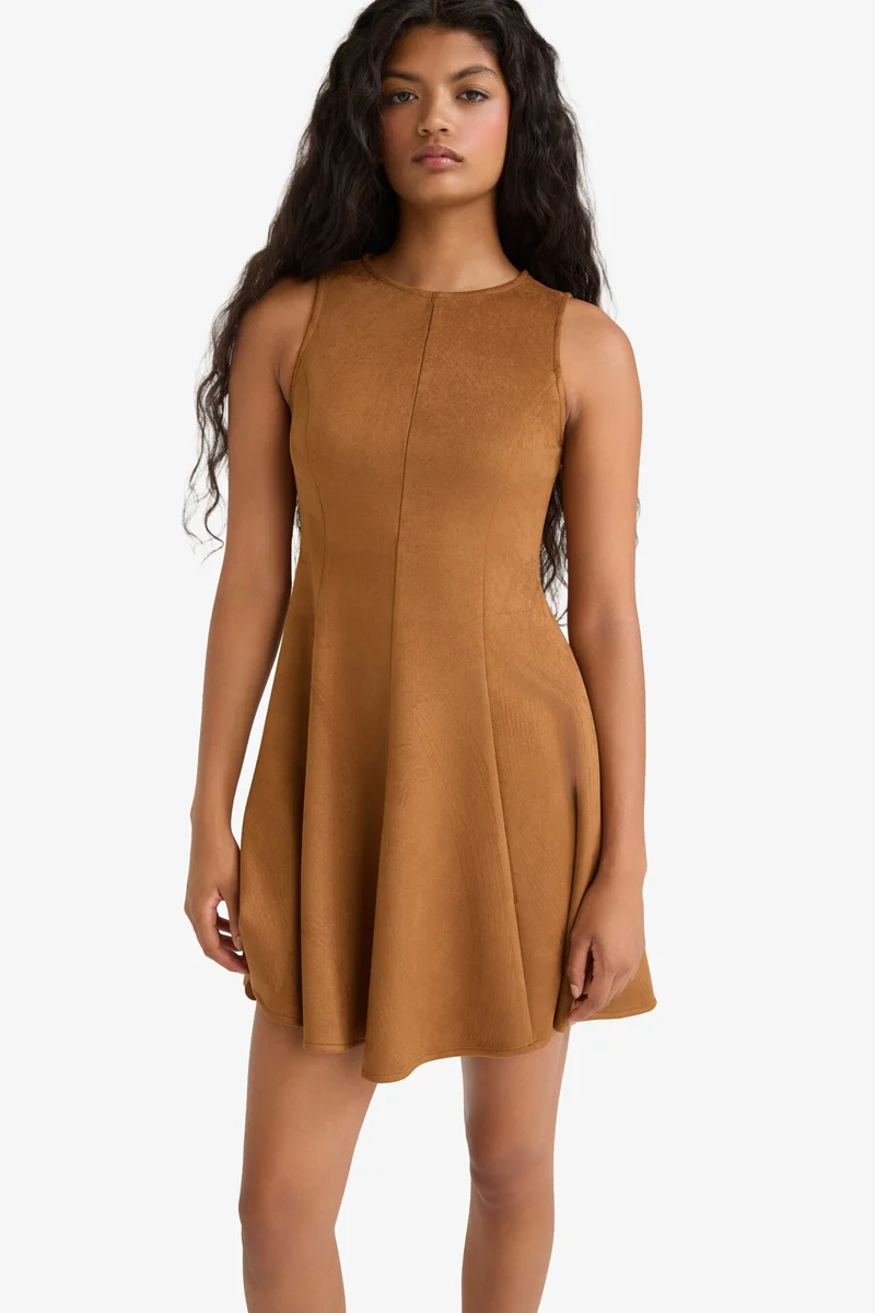 Defacto  A Line Crew Neck Sleeveless Suede Mini Dress for Women | Best Price UAE