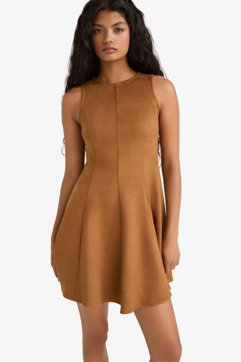 Defacto  A Line Crew Neck Sleeveless Suede Mini Dress for Women | Best Price UAE