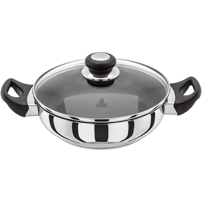 Judge Vista Stainless Steel NonStick Shallow Casserole 24cm Frying Pan with Shatterproof Glass Lid Induction Ready Oven Safe