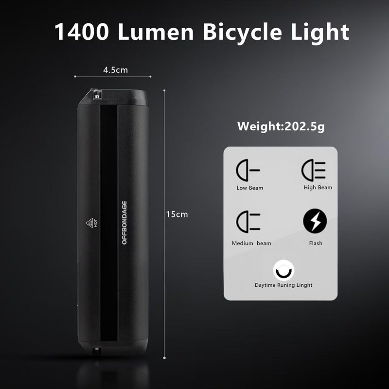 OFFBONDAGE Bike Light Bar for Ebike, 1400 Lumens Super Bright Front Light with 4000mAh Rechargeable Battery, IPX5 Waterproof, 5 Modes Bicycle Headlight for Mountain Bike, Night Riding, Cycling - Image 2