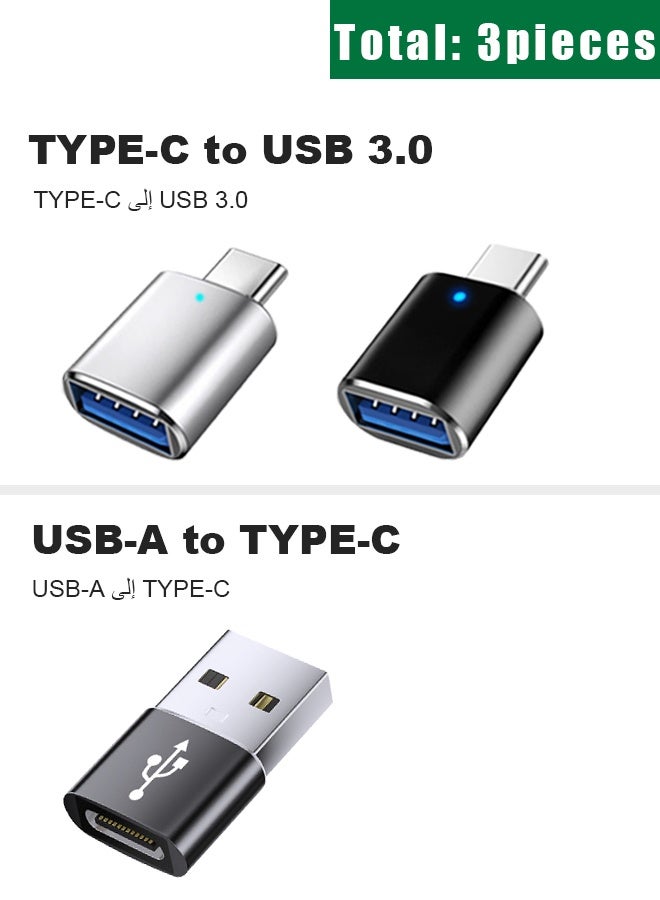 محول USB - مجموعة 3 قطع: 2 قطع من Type-C إلى USB 3.0 (أسود + فضي) + 1 قطعة من USB-A إلى Type-C (أسود)، محول OTG عالي السرعة متوافق مع MacBook وiPad وGalaxy والمزيد - Image 1