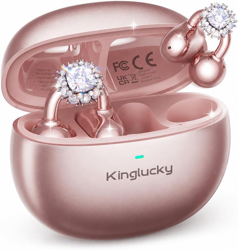 Kinglucky سماعات أذن مريحة وأنيقة من نوع "Open Ear" بإمكانية تثبيتها على الأذن، مزودة بأقراط ياقوت قابلة للإزالة، خفيفة الوزن ومريحة في الارتداء، مناسبة للنساء للاستخدام في العمل وأثناء الجري والحياة اليومية، بلون الذهب الوردي. - Image 1