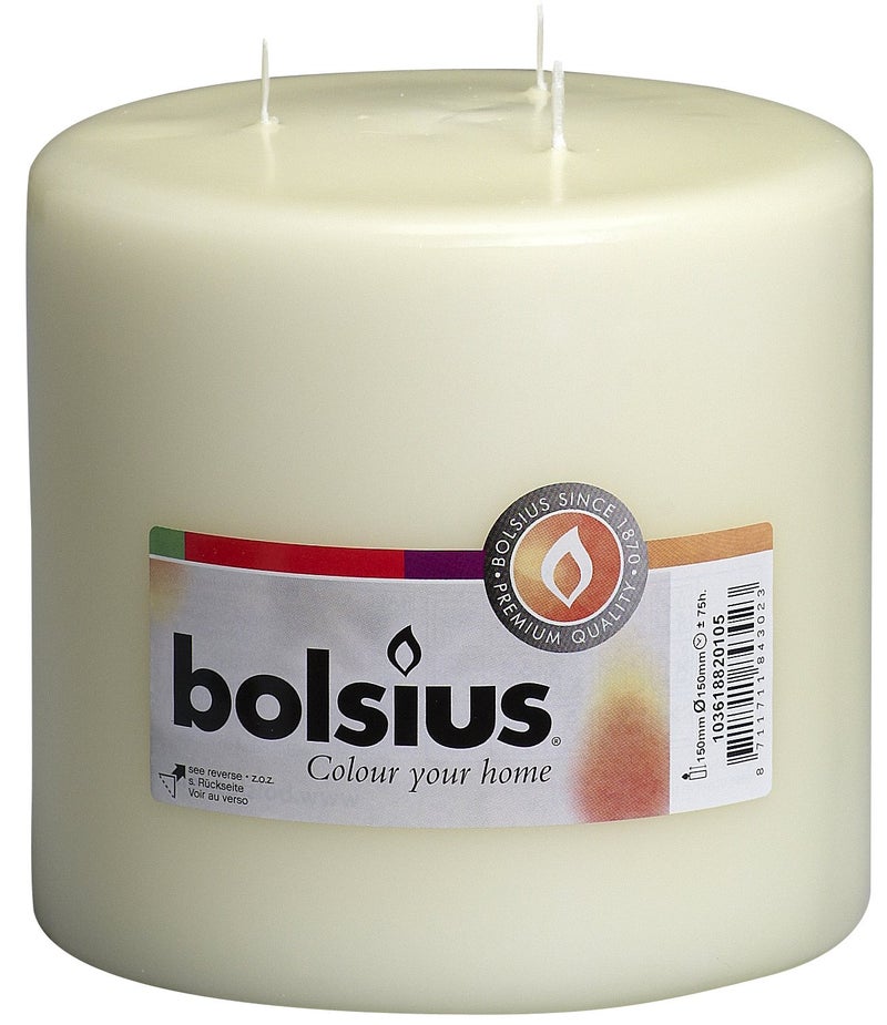 BOLSIUS Three Wick Big Pillar Candle Ivory 6x6 Inches Premium European Quality 75 Hours Burn Time Relight Unscented Large Pillar Candle Smooth Smokeless Flame Wedding Party Candle