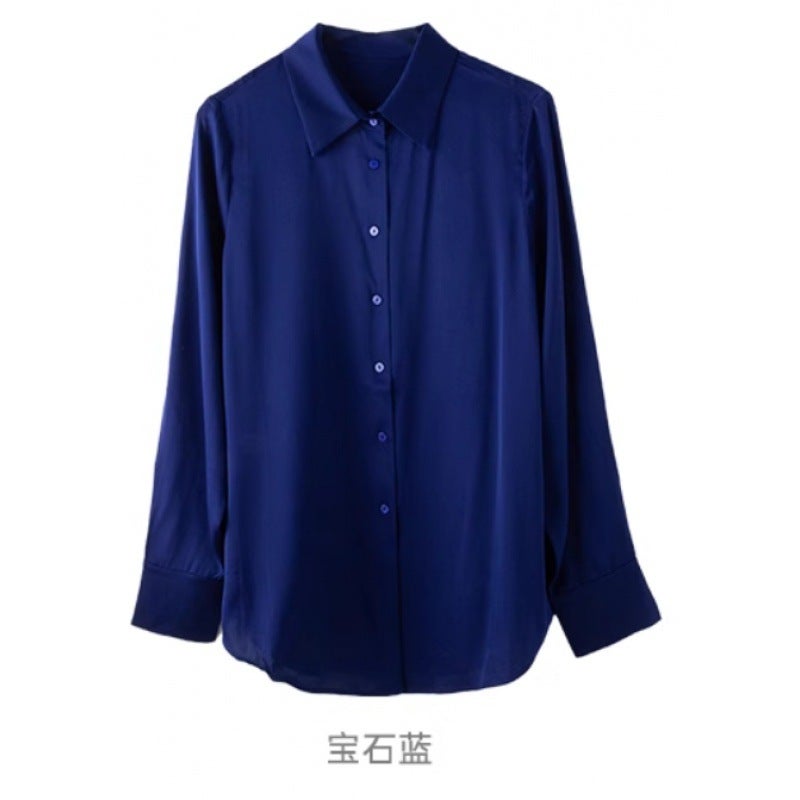 Cross-border Preferred in stock 2024 Autumn Elegant High-end New Commuting Acetic Satin Long Sleeve Loose Shirt Women Navy blue