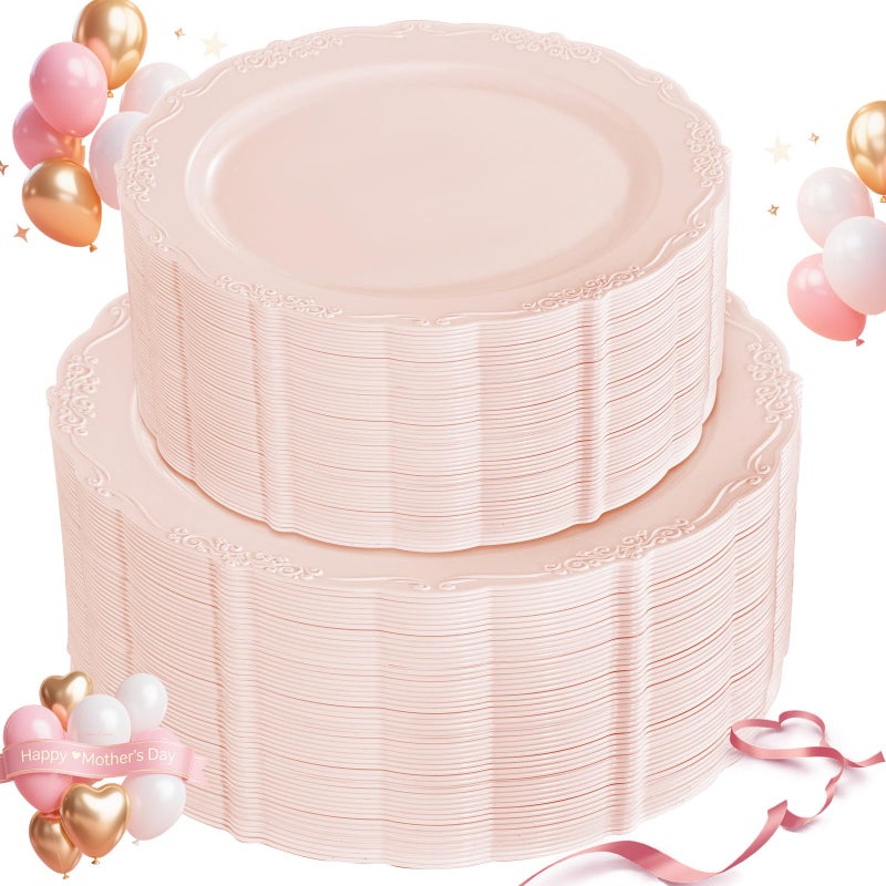 U-QE 100PCS Mauve Pink Plastic Plates for Party - Plastic Plates Disposable Heavy Duty - Pink Easter Plates for Party Including 50PCS 10.25'' &50PCS 7.5'' - Image 1
