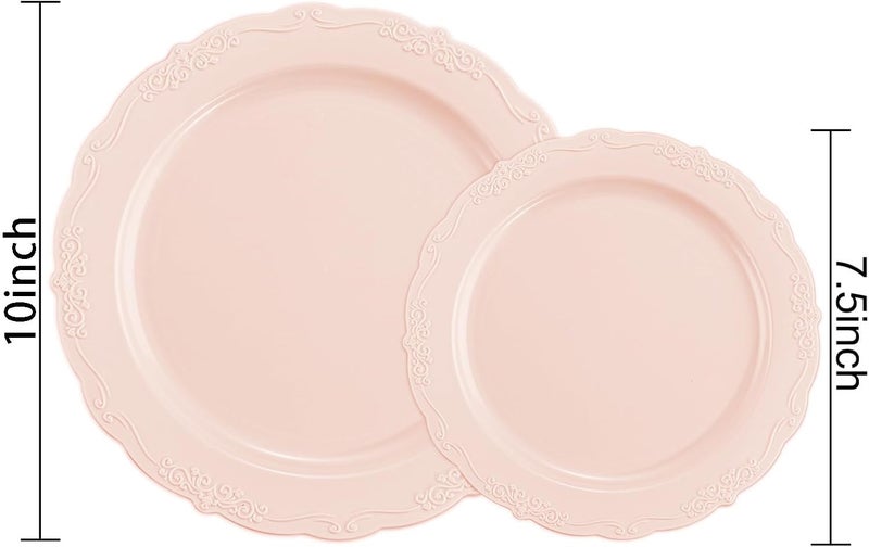 U-QE 100PCS Mauve Pink Plastic Plates for Party - Plastic Plates Disposable Heavy Duty - Pink Easter Plates for Party Including 50PCS 10.25'' &50PCS 7.5'' - Image 2