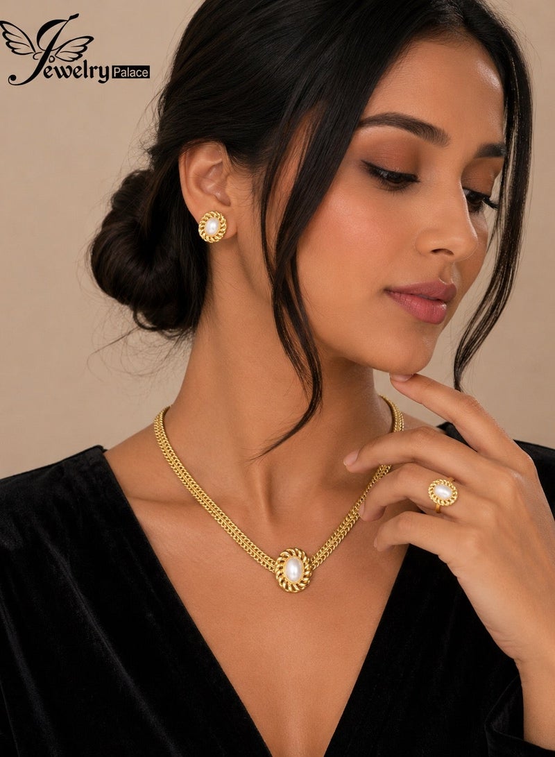 JewelryPalace 3 Pcs 18K Gold Plated Stainless Steel Jewelry Set For Women, Necklace And Earrings And Ring Set, Daily And Occasion Accessories - Image 1