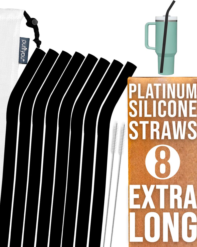 purifyou purifyou 14in Platinum Silicone Straws Extra Long  Wide for 40oz Tumblers from Stanley Reduce Yeti  More Reusable Smoothie Straws with Travel Case  2 Cleaning Brushes Set of 8 Black