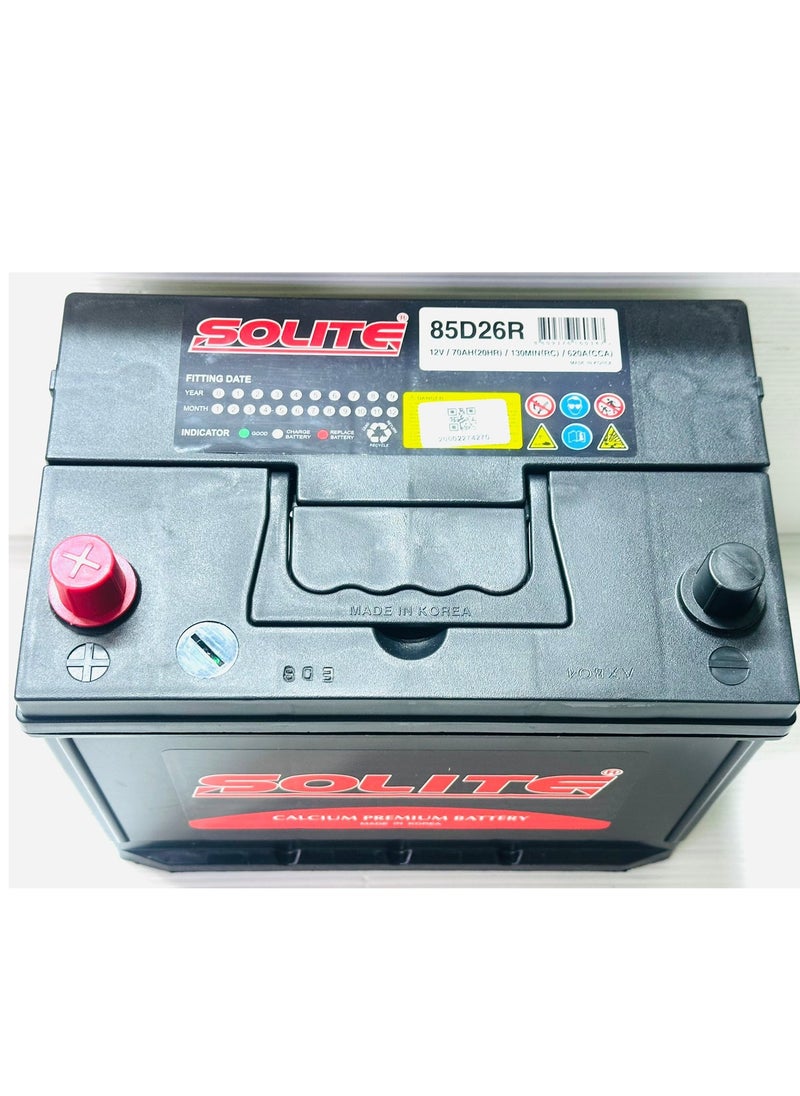 SOLITE - Car Battery 12V 70AH 85D26R-MF R-Layout ( IS250 / IS350 / LS460 / Hiace /  Mitsubishi / Pathfinder ) - Image 1