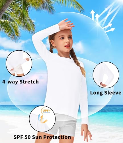 AOBUTE UV Swim Shirt for Girls Boys White UPF 50+ Long Sleeve Rash Guard Summer Sun Protection Shirts 7-8 Years - Image 3