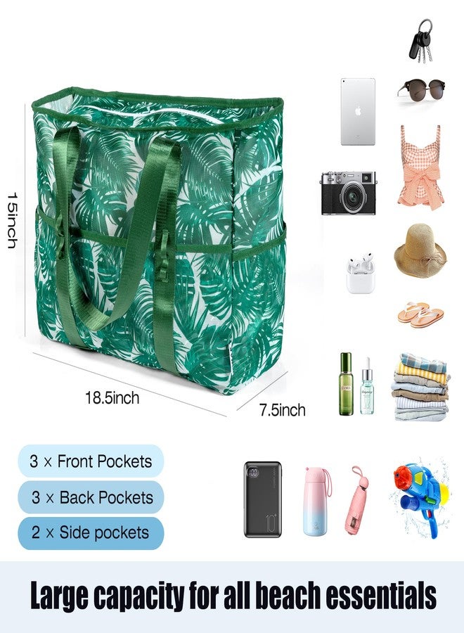 KUAK Mesh Beach Bag, Extra Large Waterproof Sandproof Tote with 9 Pockets, Zippered Top, Lightweight for Travel, Pool, Family, Green, X-Large, Fashion - Image 4