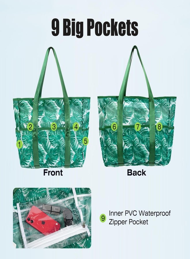 KUAK Mesh Beach Bag, Extra Large Waterproof Sandproof Tote with 9 Pockets, Zippered Top, Lightweight for Travel, Pool, Family, Green, X-Large, Fashion - Image 2
