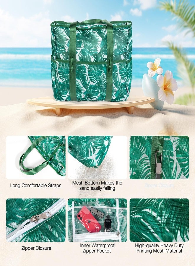 KUAK Mesh Beach Bag, Extra Large Waterproof Sandproof Tote with 9 Pockets, Zippered Top, Lightweight for Travel, Pool, Family, Green, X-Large, Fashion - Image 3