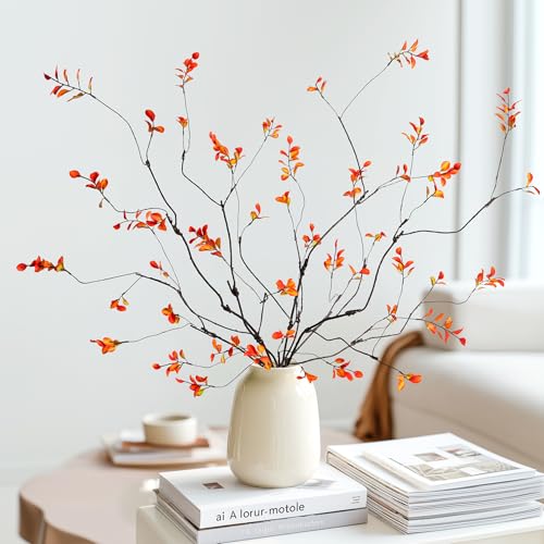 Ttranewsoo Fall Stems Artificial Ficus Branches Faux Eucalyptus Stems Fall Decor Fake Leaves Fall Decorations for Home Autumn Table Decor Fall Branches for Vase 472 InchYellow 4 Pcs - Image 1