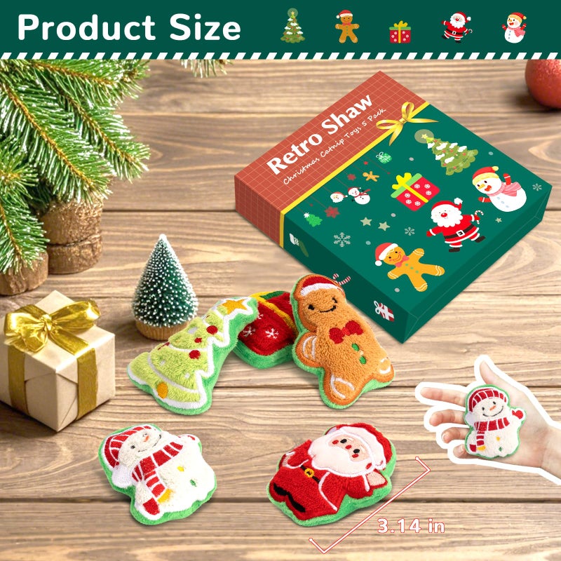 Retro Shaw Christmas Cat Toys, Xmas Catnip Toys for Indoor Cats Kitten Teeth Cleaning, Crinkly Interactive Cat Chew Nip Kitty Kicker Toy Santa Claus Trees Snowman, 5 Pack - Image 4