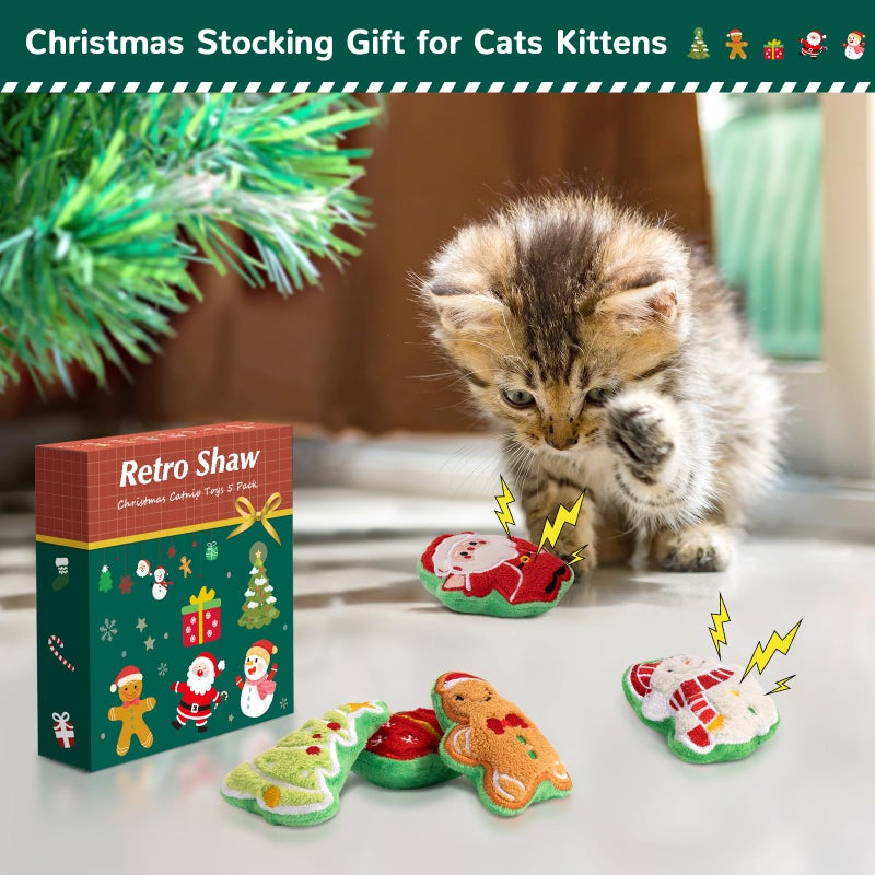 Retro Shaw Christmas Cat Toys, Xmas Catnip Toys for Indoor Cats Kitten Teeth Cleaning, Crinkly Interactive Cat Chew Nip Kitty Kicker Toy Santa Claus Trees Snowman, 5 Pack - Image 3