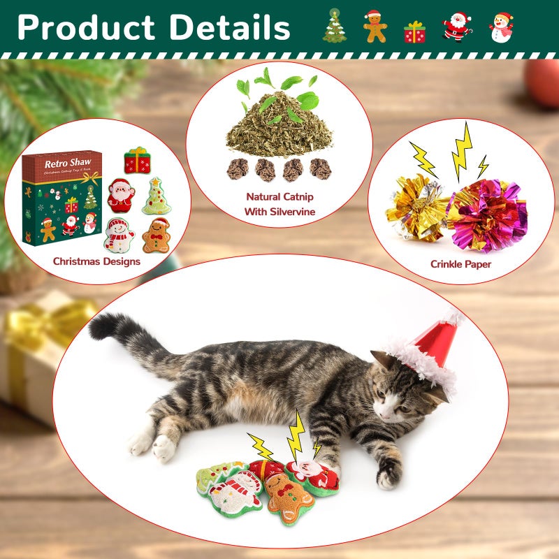 Retro Shaw Christmas Cat Toys, Xmas Catnip Toys for Indoor Cats Kitten Teeth Cleaning, Crinkly Interactive Cat Chew Nip Kitty Kicker Toy Santa Claus Trees Snowman, 5 Pack - Image 2