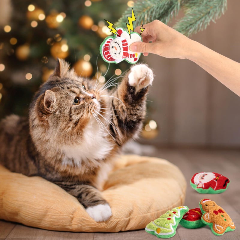 Retro Shaw Christmas Cat Toys, Xmas Catnip Toys for Indoor Cats Kitten Teeth Cleaning, Crinkly Interactive Cat Chew Nip Kitty Kicker Toy Santa Claus Trees Snowman, 5 Pack - Image 5