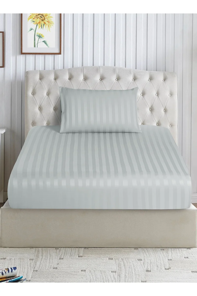 Donetella 2-Piece Striped Bedding Set – Single Fitted Sheet 90x200+30 cm with All-Around Elastic &amp; 1 Matching Pillowcases