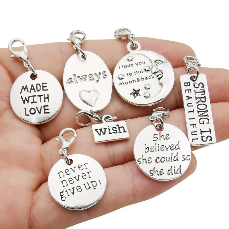 WOCRAFT 20pcs Craft Supplies Handmade Assorted Antique Silver Inspiration Words Dangle Charms Pendant with Lobster Clasp for Jewelry Making Accessory Fit Floating Locket Charms Necklaces (M305) - Image 2