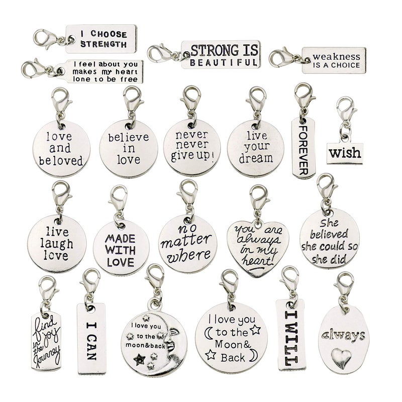 WOCRAFT 20pcs Craft Supplies Handmade Assorted Antique Silver Inspiration Words Dangle Charms Pendant with Lobster Clasp for Jewelry Making Accessory Fit Floating Locket Charms Necklaces (M305) - Image 3