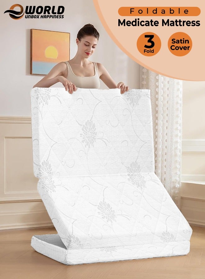 Tri-Fold Medicated Foam Mattress with Satin Cover, Portable & Multi-Functional Foldable Mattress for Lounging & Travel, 180×90×7cm (Asserted Color and Print)